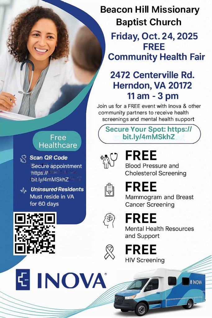 Flyer for Beacon Hill Missionary Baptist Church’s free Community Health Fair with Inova on October 24, 2025, from 11 a.m. to 3 p.m. in Herndon, Virginia.